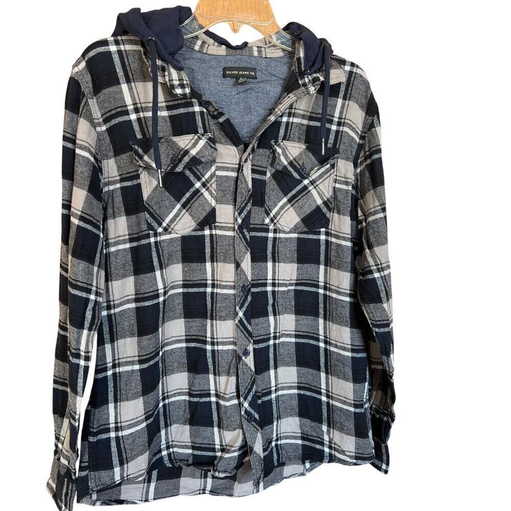 Silver Jeans Navy & Gray Plaid long sleeve Shirt with detachable hood, Women's L